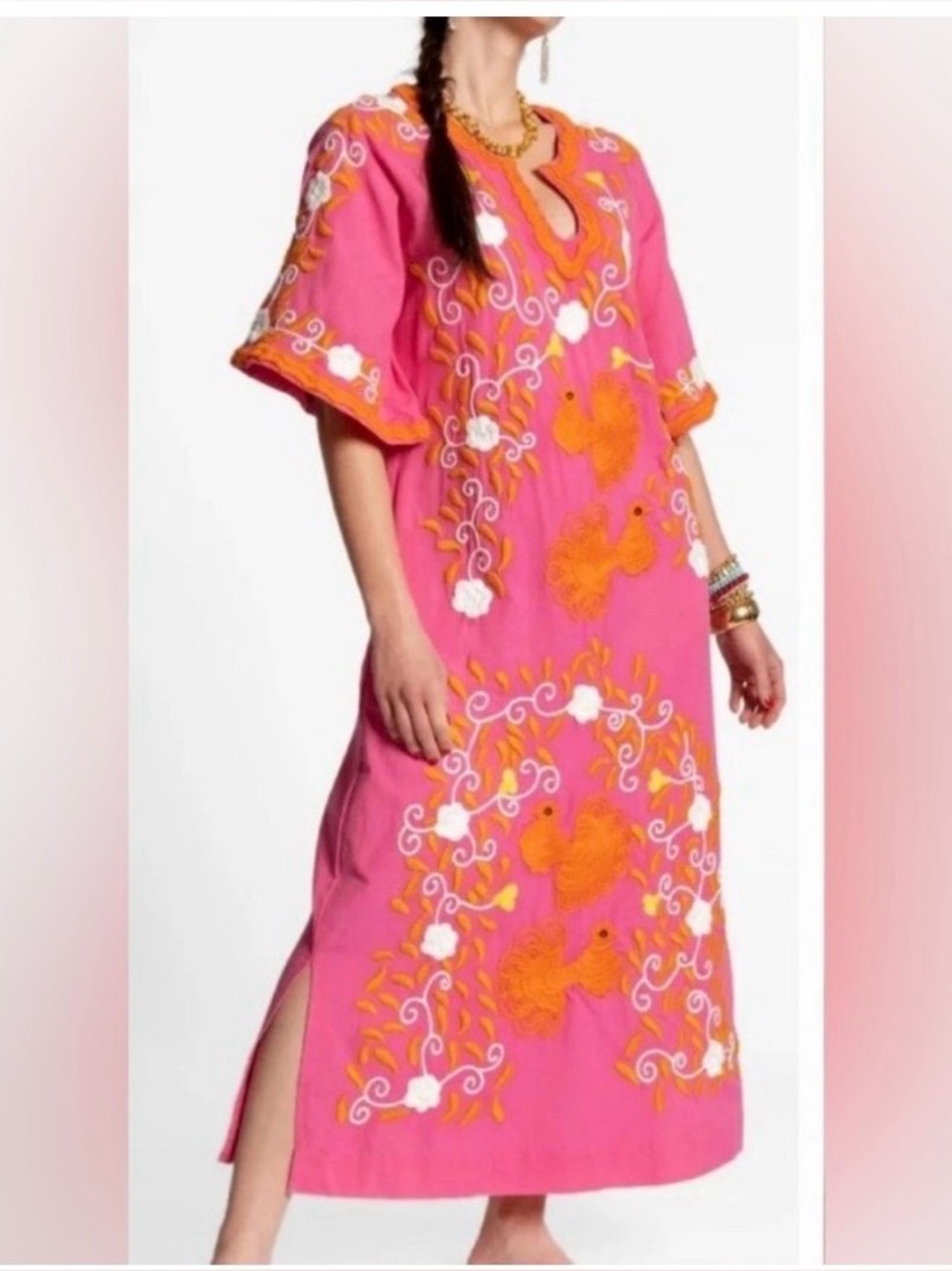 Frances Valentine Embroidered Caftan Size 10 Pink Orange Peacock Pockets Linen